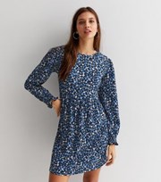 New Look Blue Ditsy Floral Jersey Crinkle Smock Mini Dress